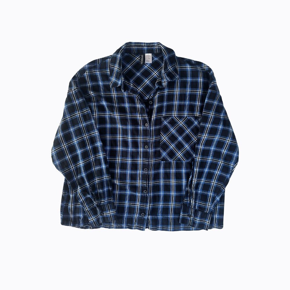 Plaid Oversized Boyfriend Shirt XS/S Blue Black Button-Down 90s Grunge Cowgirl